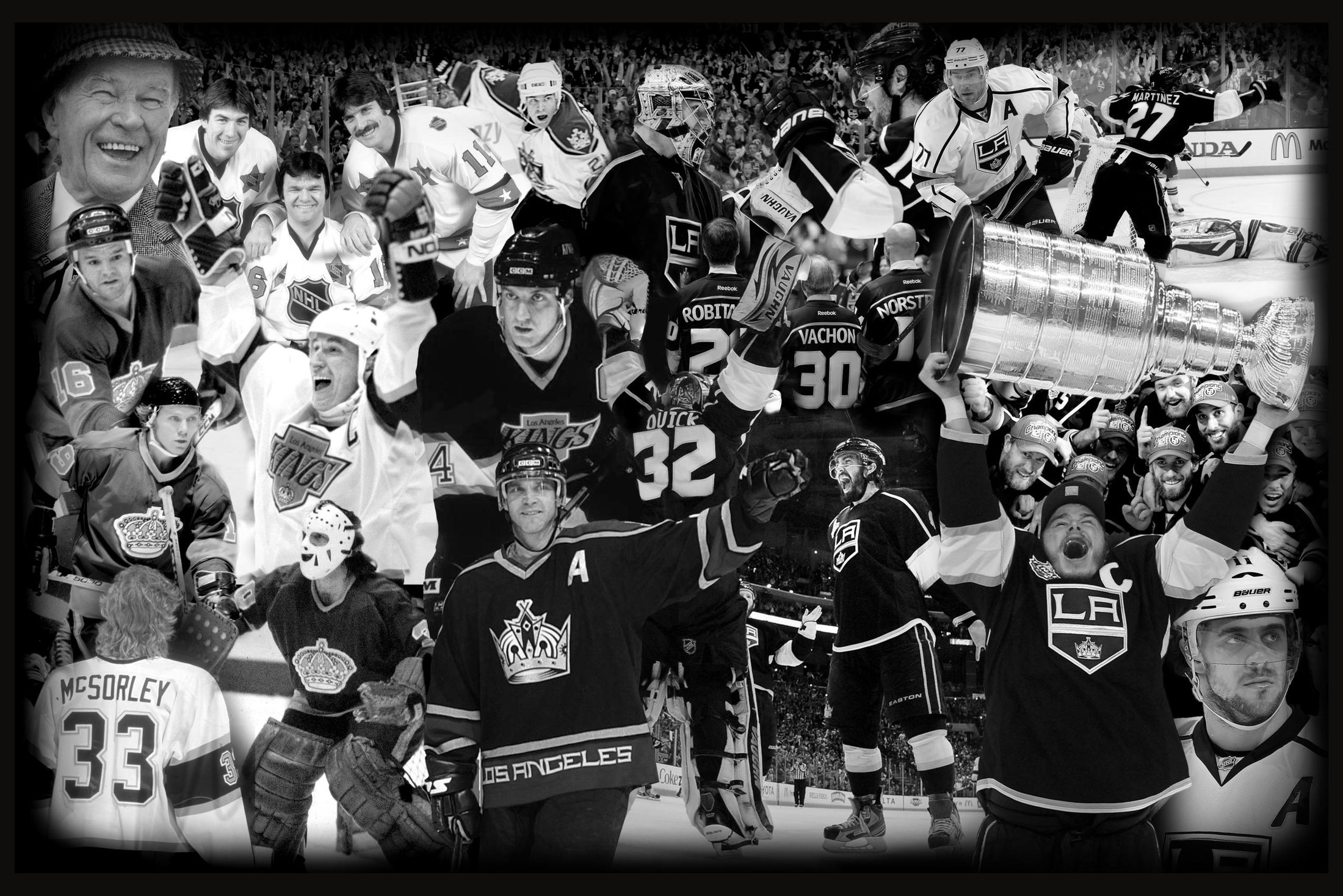 A black and white collage of LA Kings history