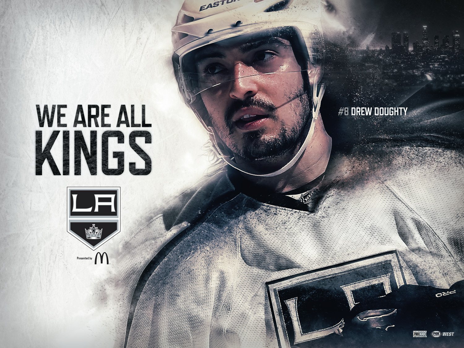 Drew Doughty in a white sweater beside the words We Are All Kings
