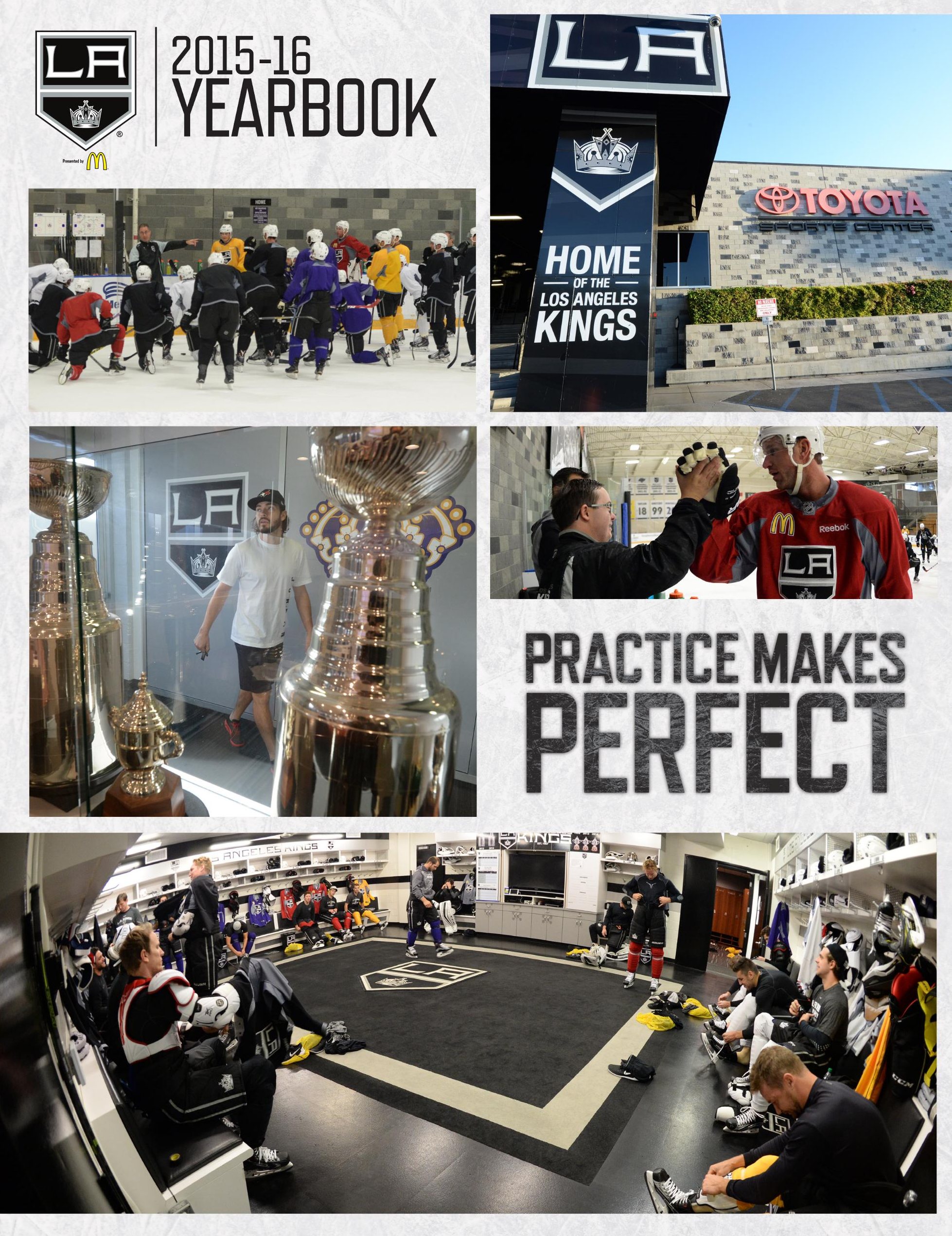 The 2015-16 yearbook cover, a grid of practice and arena photos