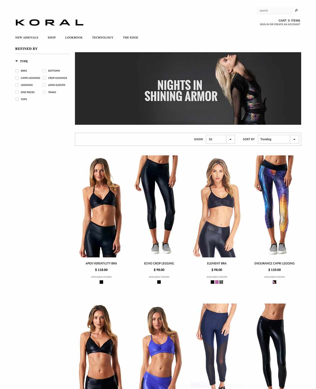 A Koral collection page, a grid of leggings and tops