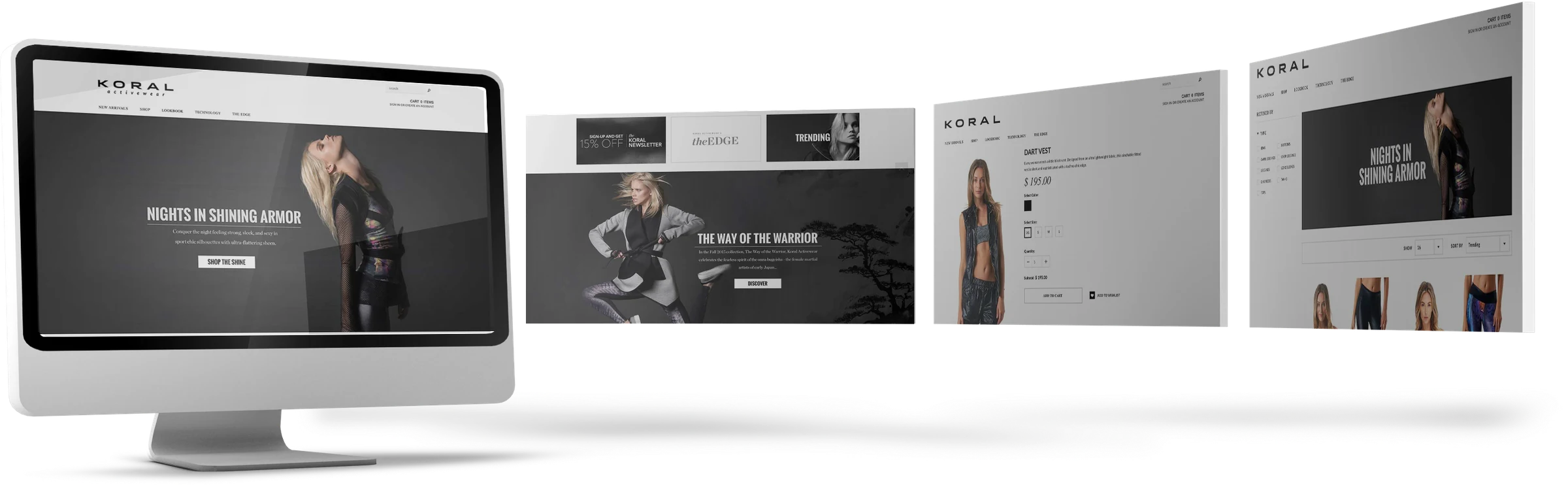 The Koral store on a desktop with page designs fanned beside it