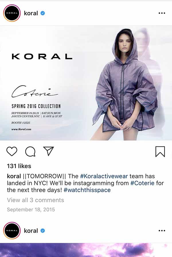 A Koral Instagram post for the Coterie trade show