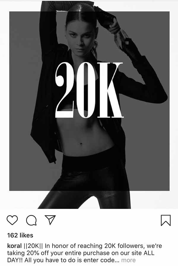 A Koral Instagram post celebrating 20K followers