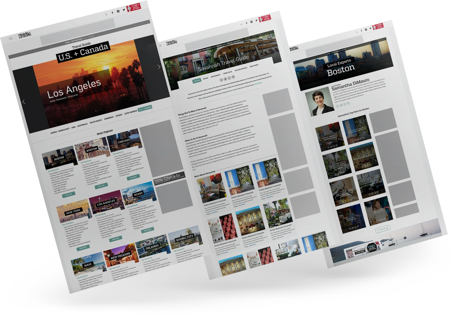 Travel + Leisure page designs fanned: Los Angeles, Boston and an article