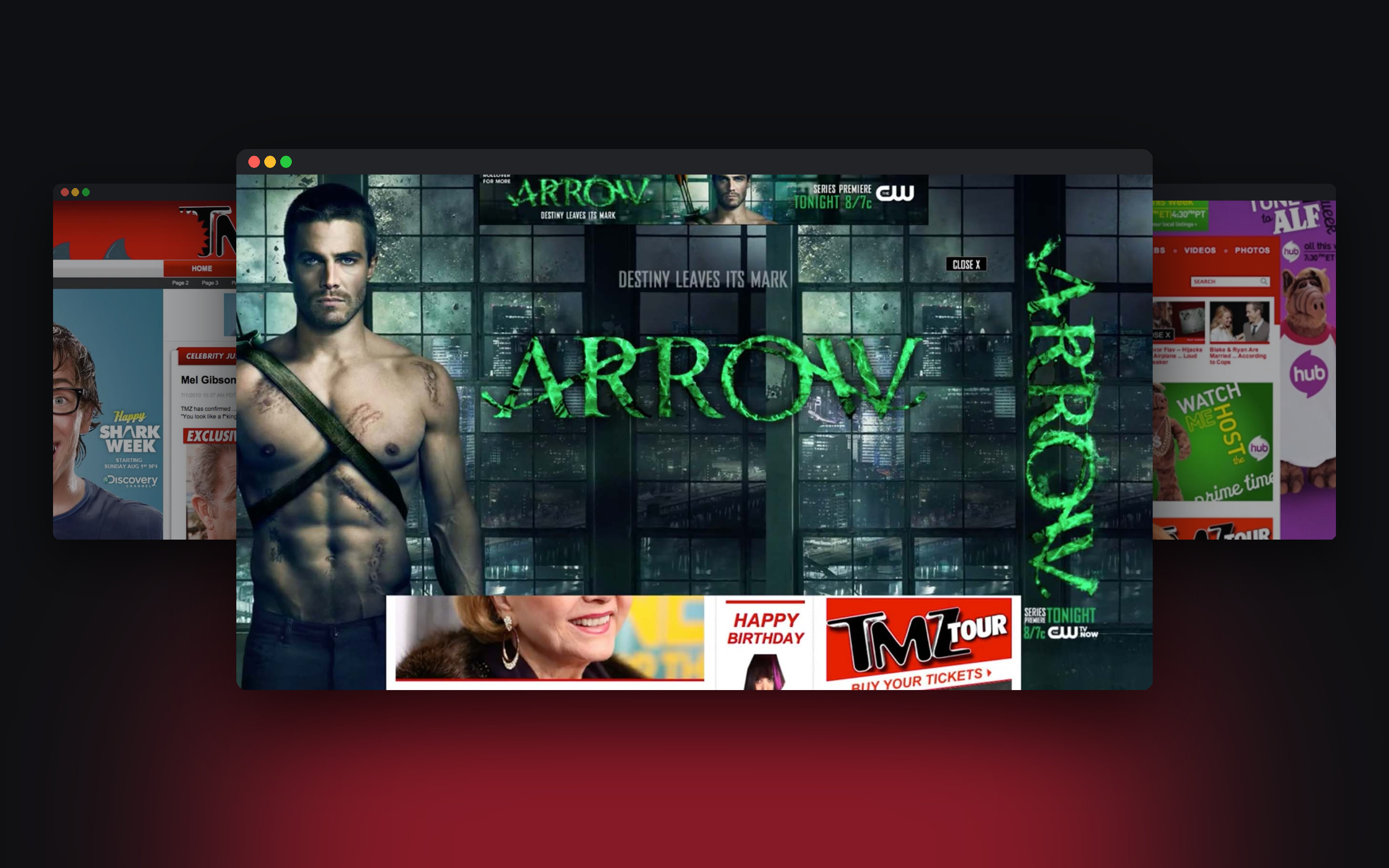 Three sponsor takeovers of the TMZ homepage as browser windows: Arrow in front, Shark Week and ALF behind