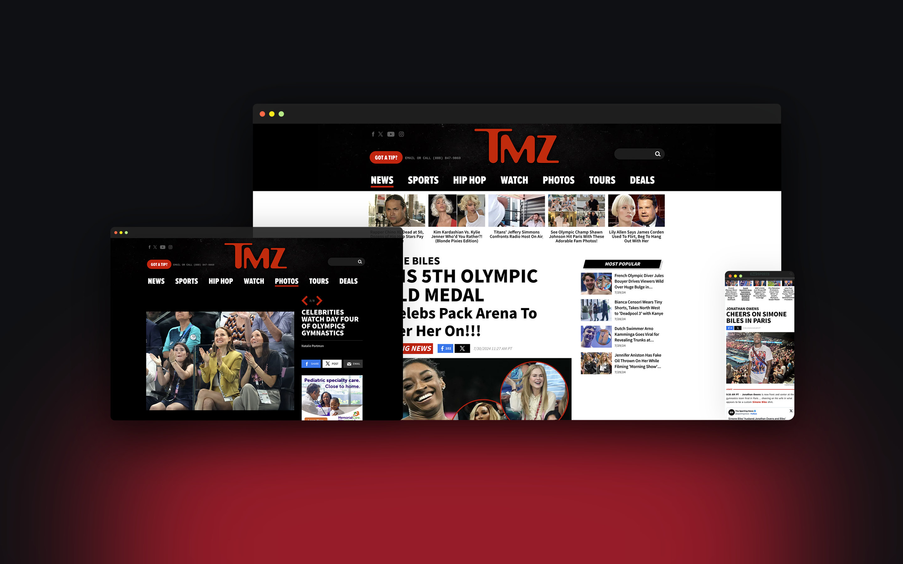 TMZ.com on a desktop browser, a dark laptop window, and a phone, staged on a dark ground with a low red glow