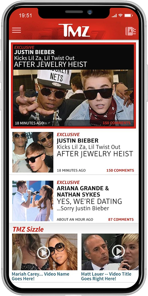 The TMZ app story list on one phone