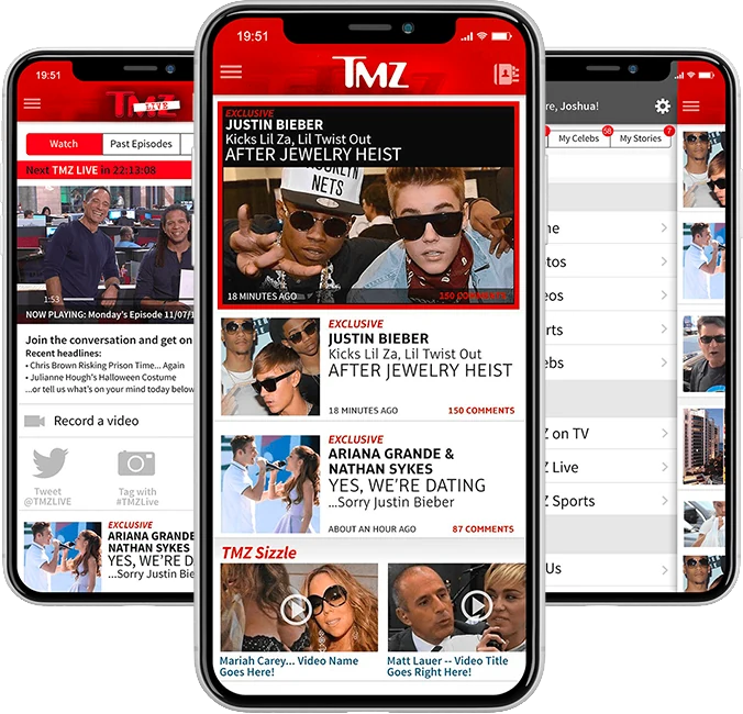 The TMZ app on three phones: the story list in front, TMZ Live and the menu behind