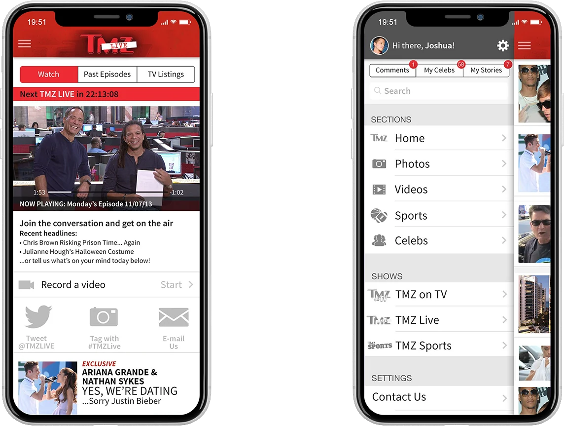 Two phones: TMZ Live with a record-a-video prompt, and the sections menu