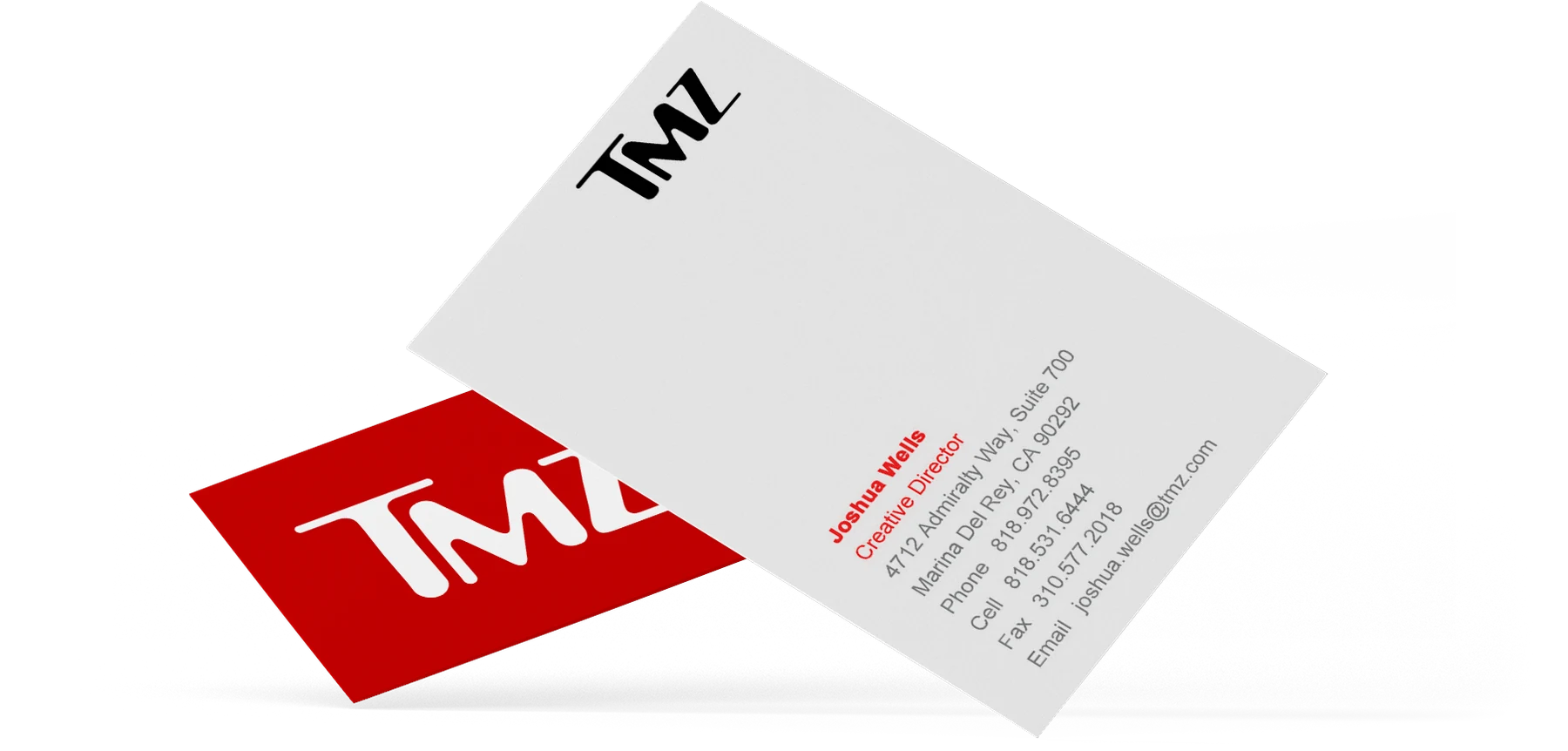 TMZ business cards: a red back with the white mark, and a grey front