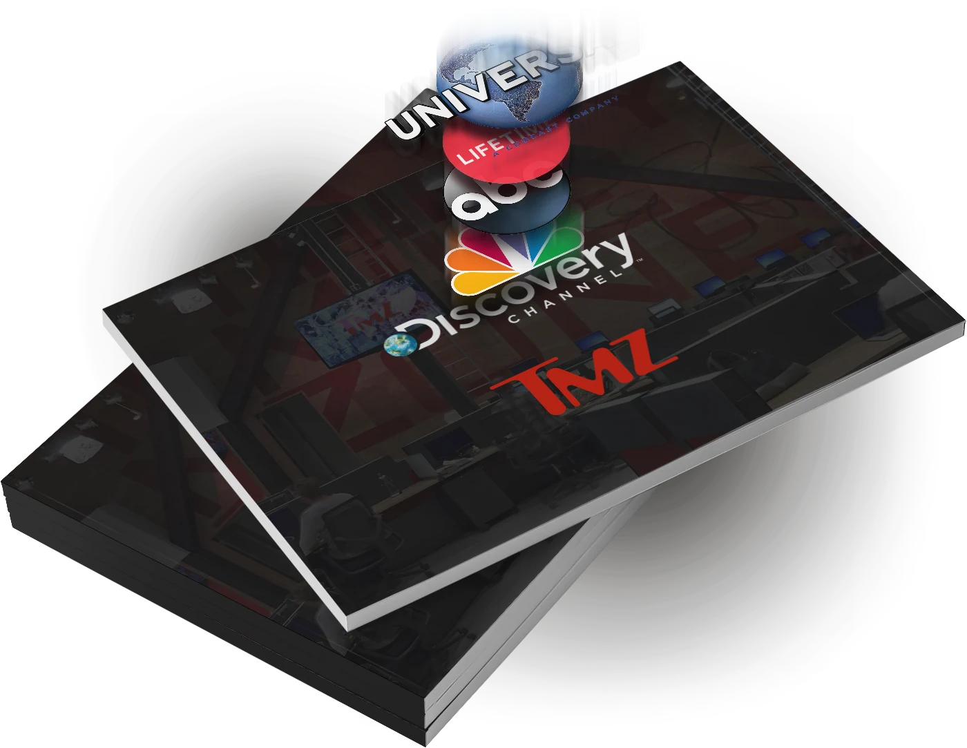 Two bound TMZ sales decks with partner logos on the cover