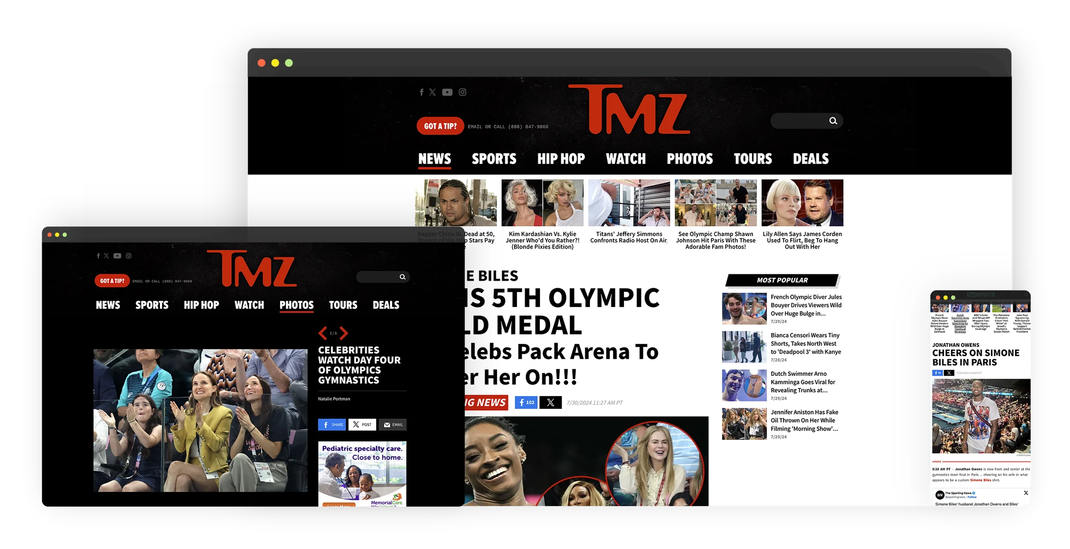 TMZ.com in 2024 on a desktop, a dark laptop window, and a phone