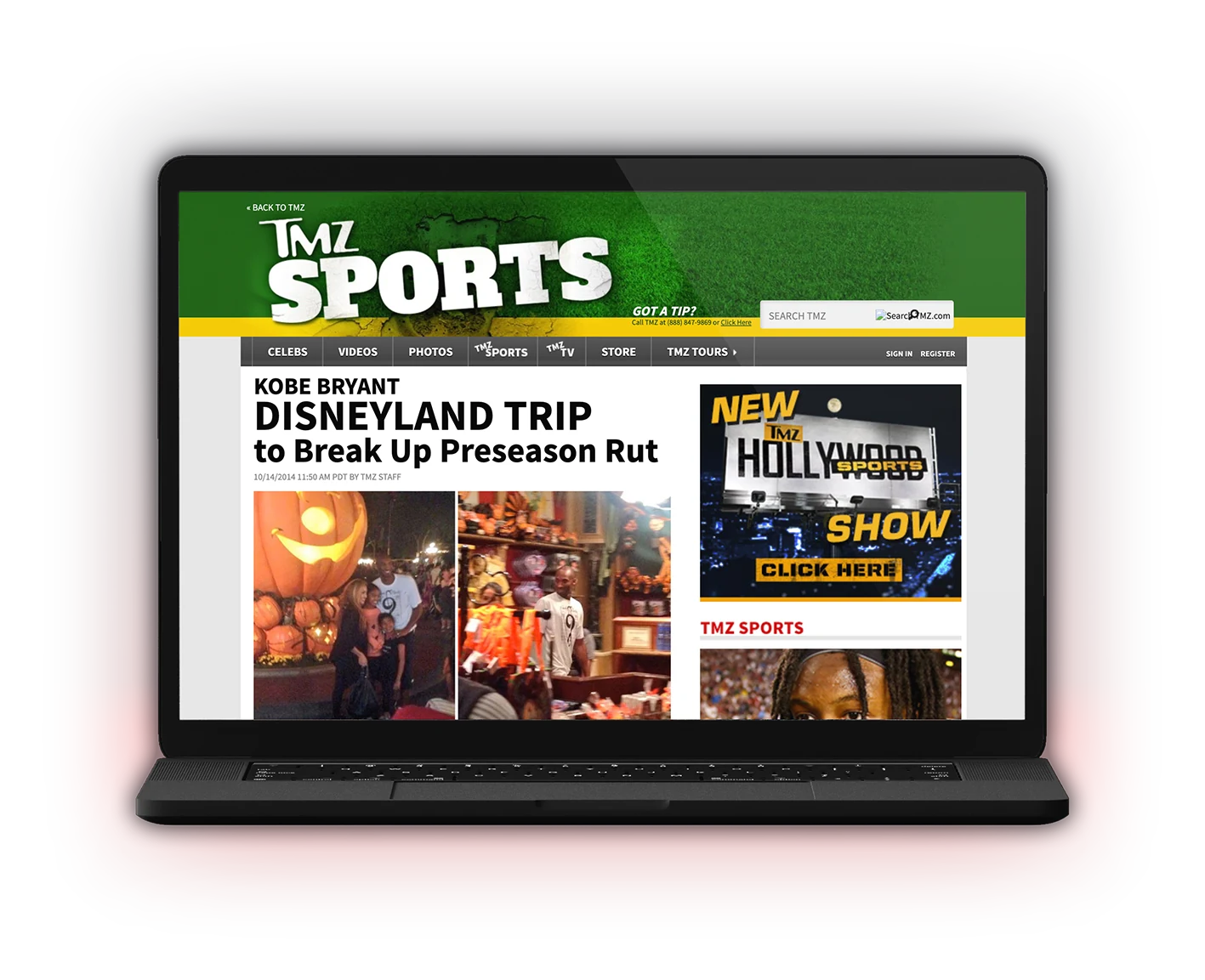 TMZ Sports on a laptop with a green header