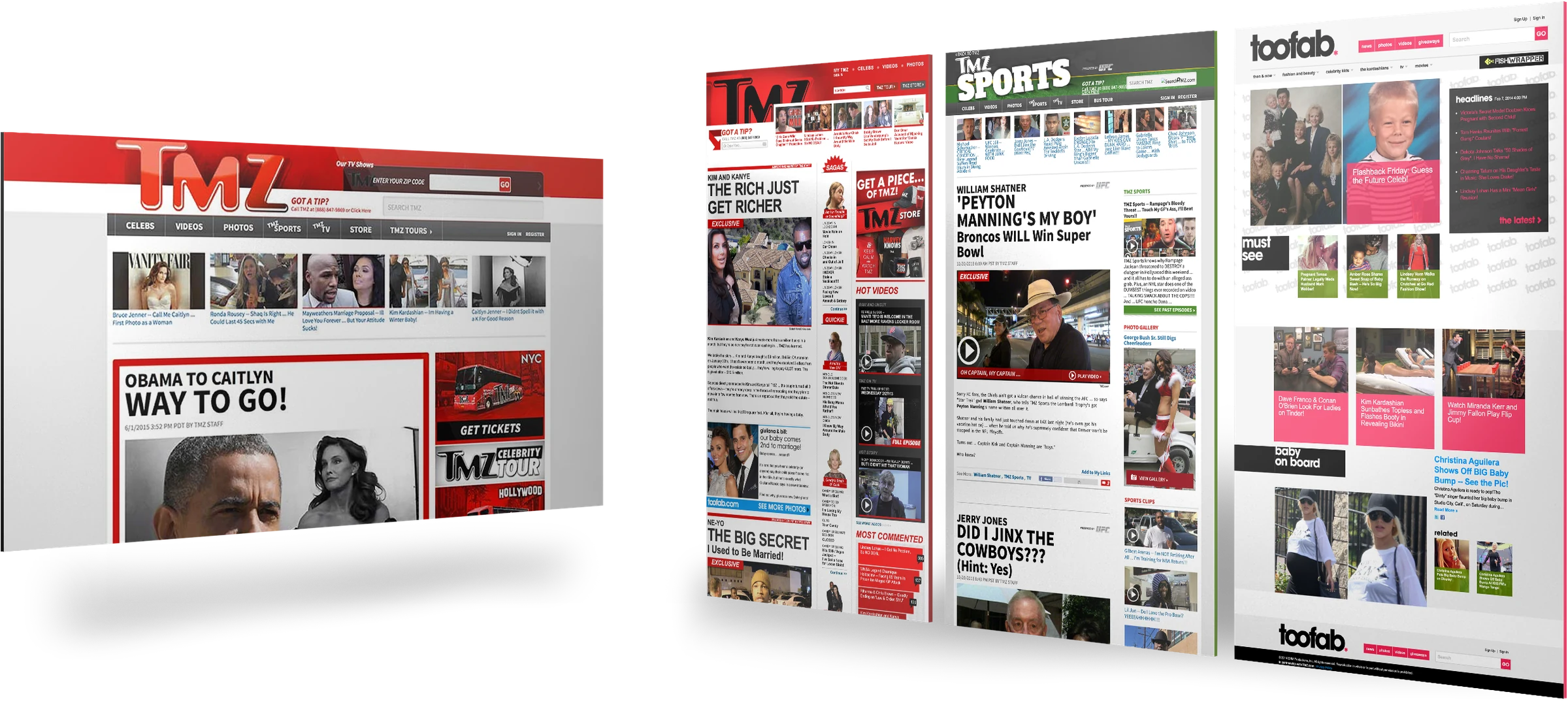 Full pages from across the TMZ family standing side by side in perspective