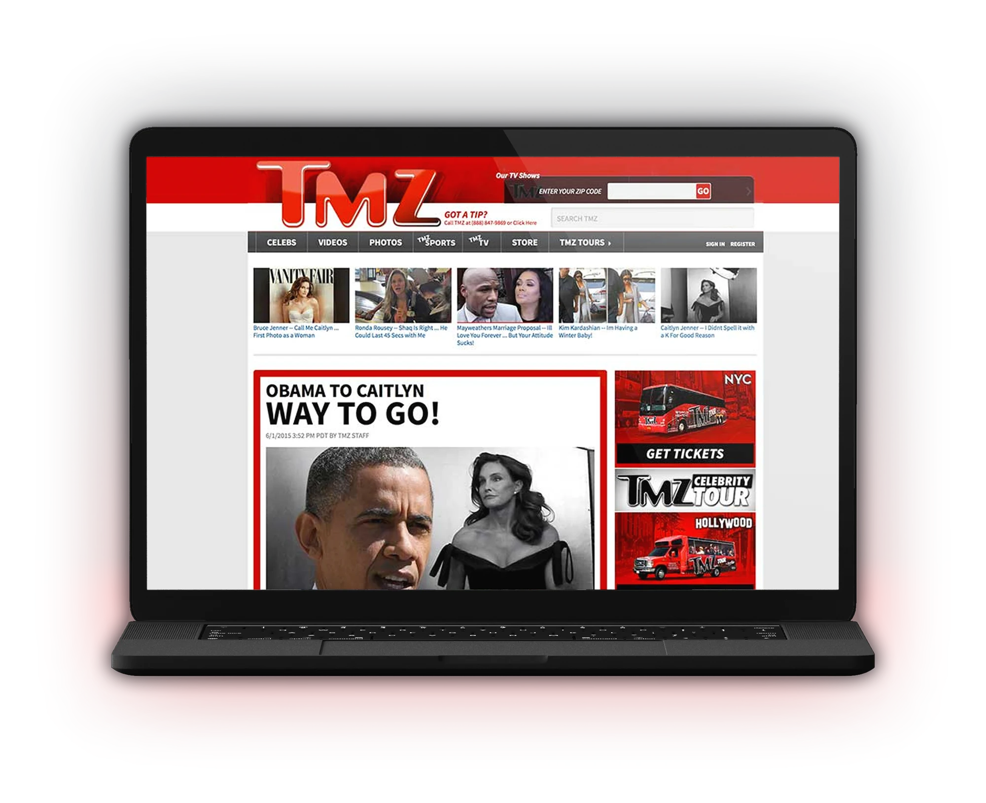 TMZ.com on a laptop: the red header, the story strip, and the lead story in a red frame