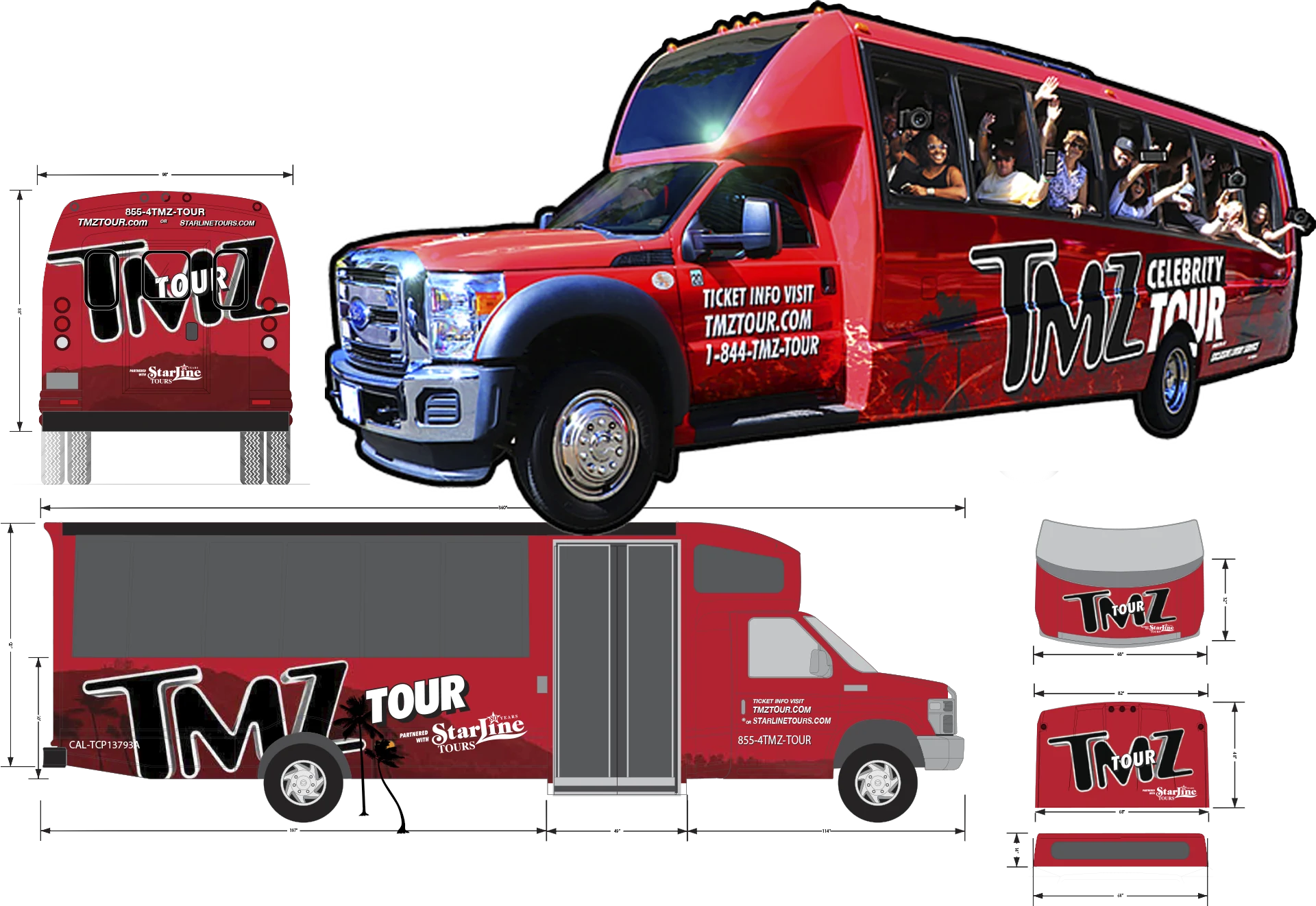 Flat plans for the tour bus wrap with dimension lines, beside the finished bus