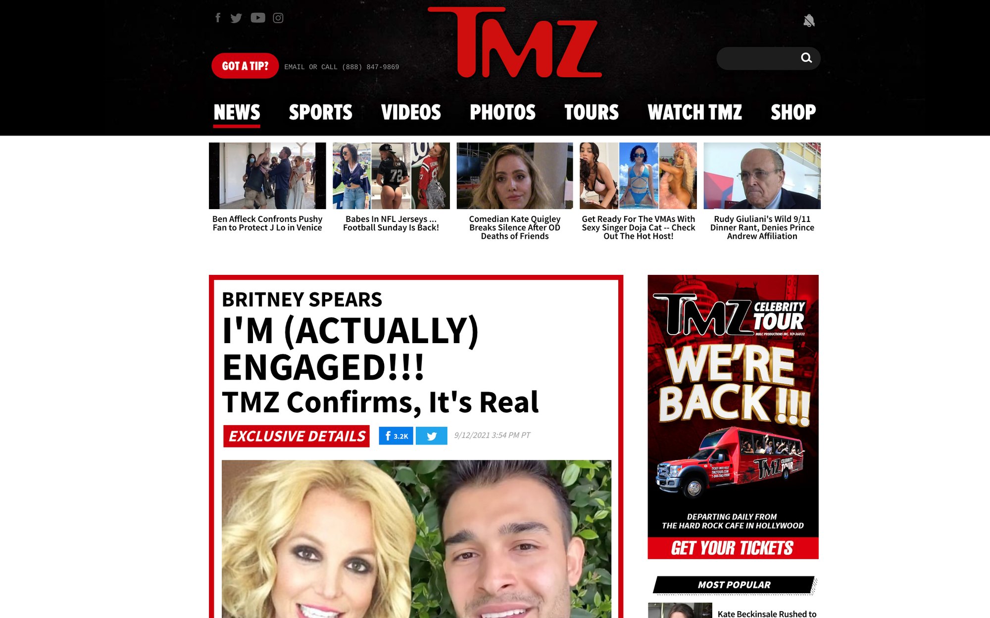 The TMZ.com homepage in 2021 with the tour promotion in the right rail