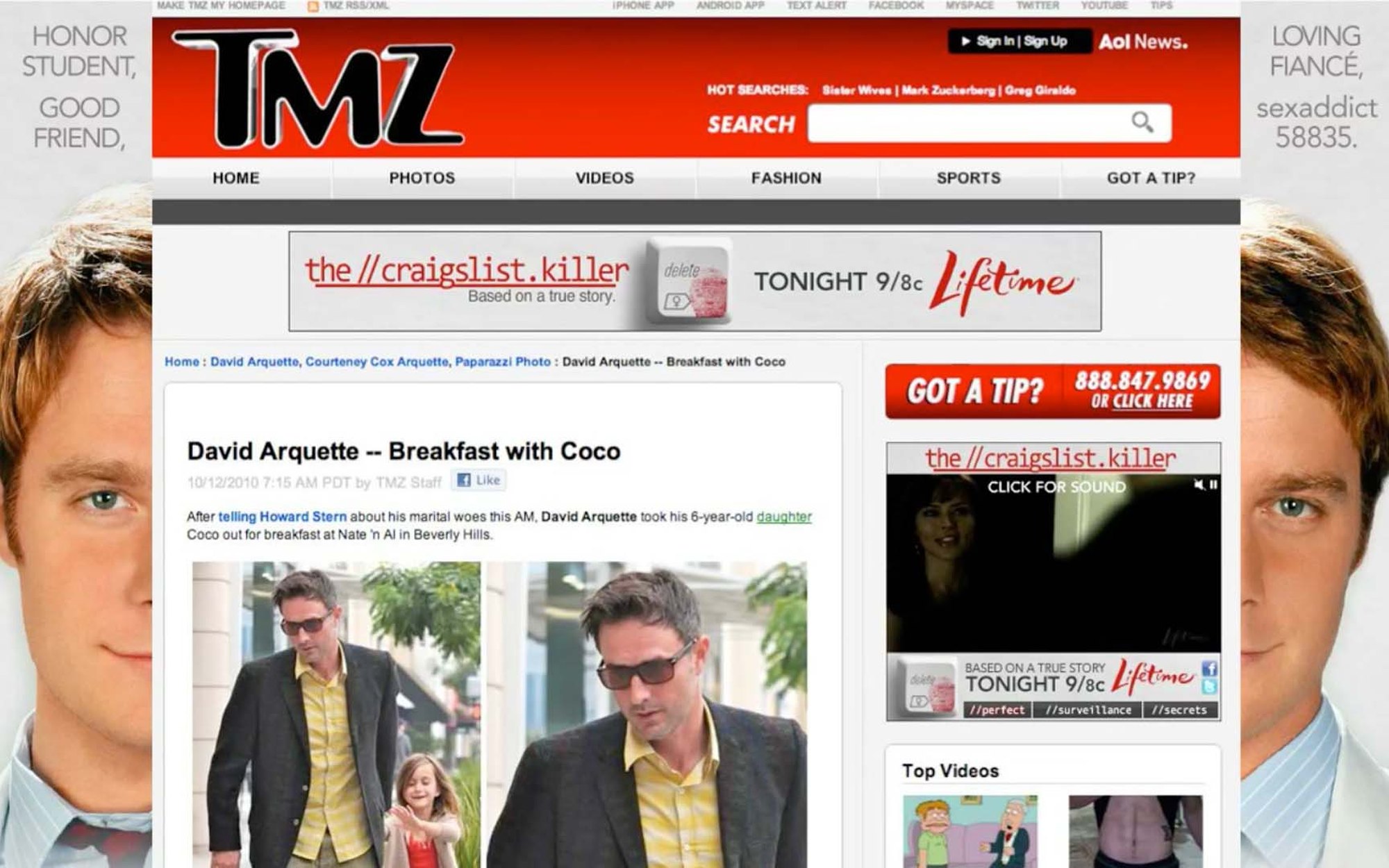 The TMZ homepage dressed for The Craigslist Killer