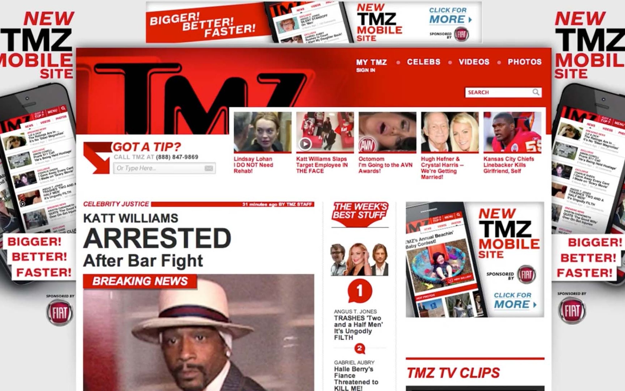 The TMZ homepage announcing the new TMZ mobile site, sponsored by Fiat
