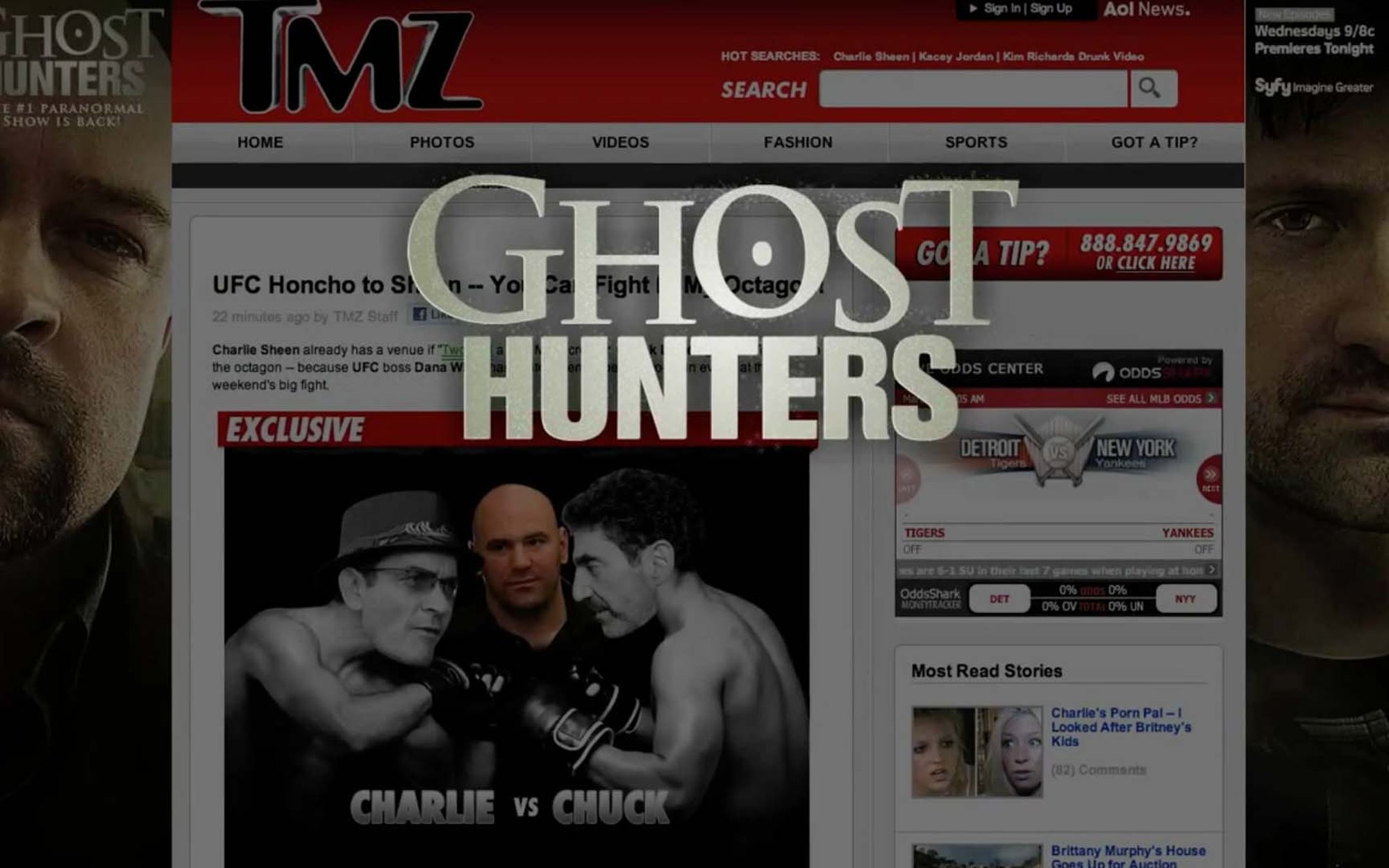 The TMZ homepage dressed for Ghost Hunters