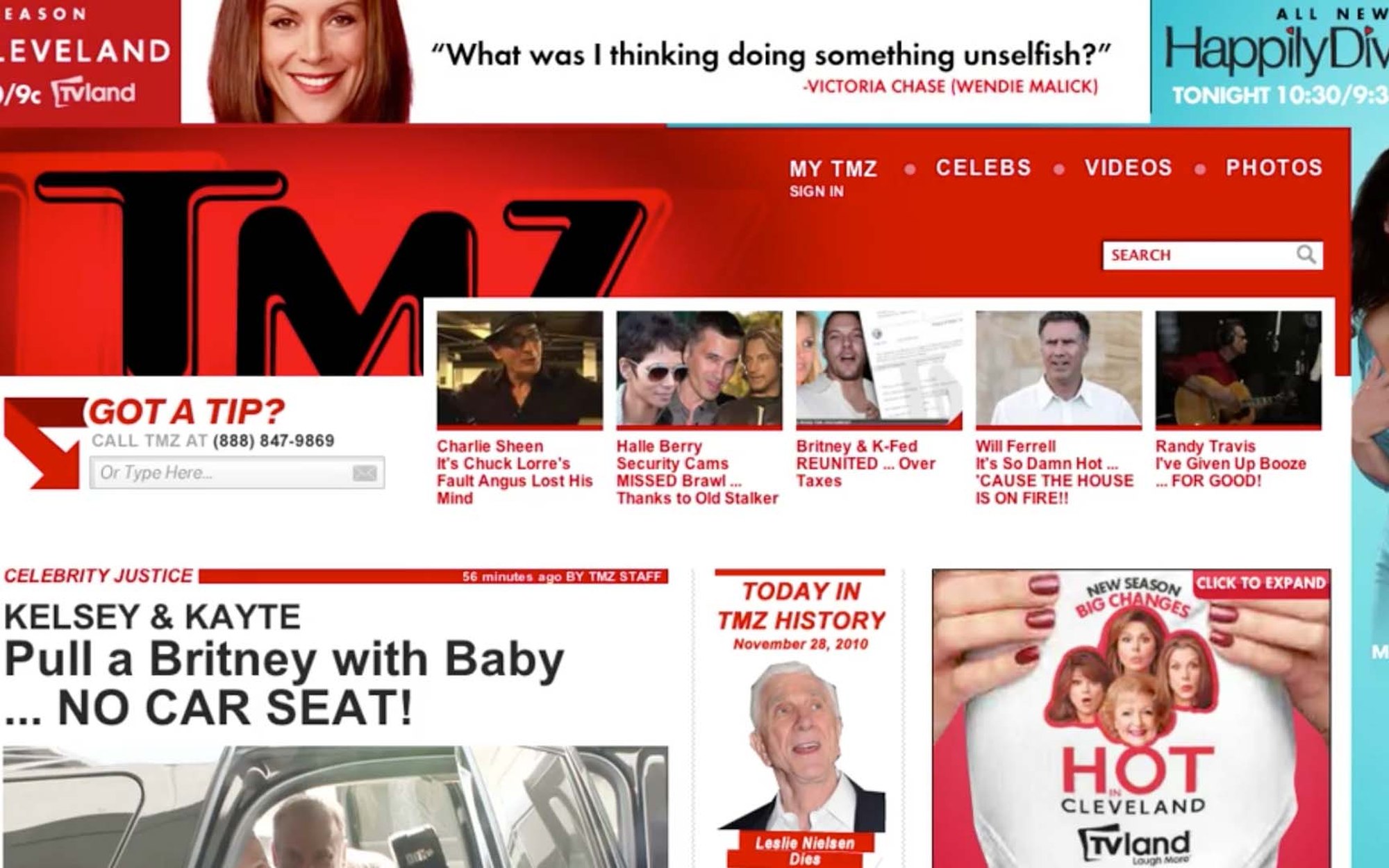 The TMZ homepage dressed for two TV Land shows