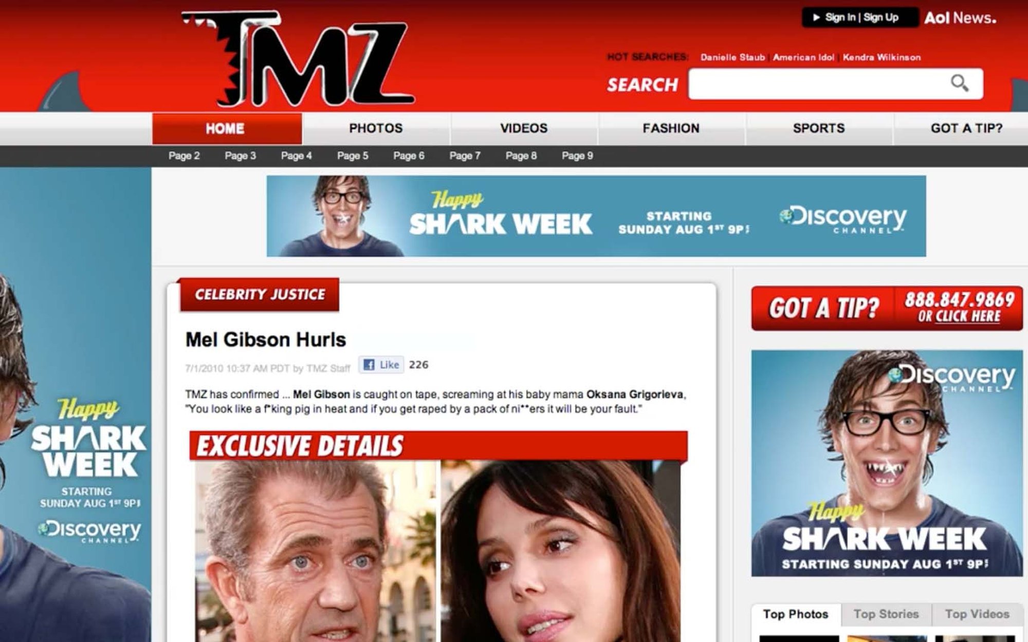 The TMZ homepage dressed for Shark Week