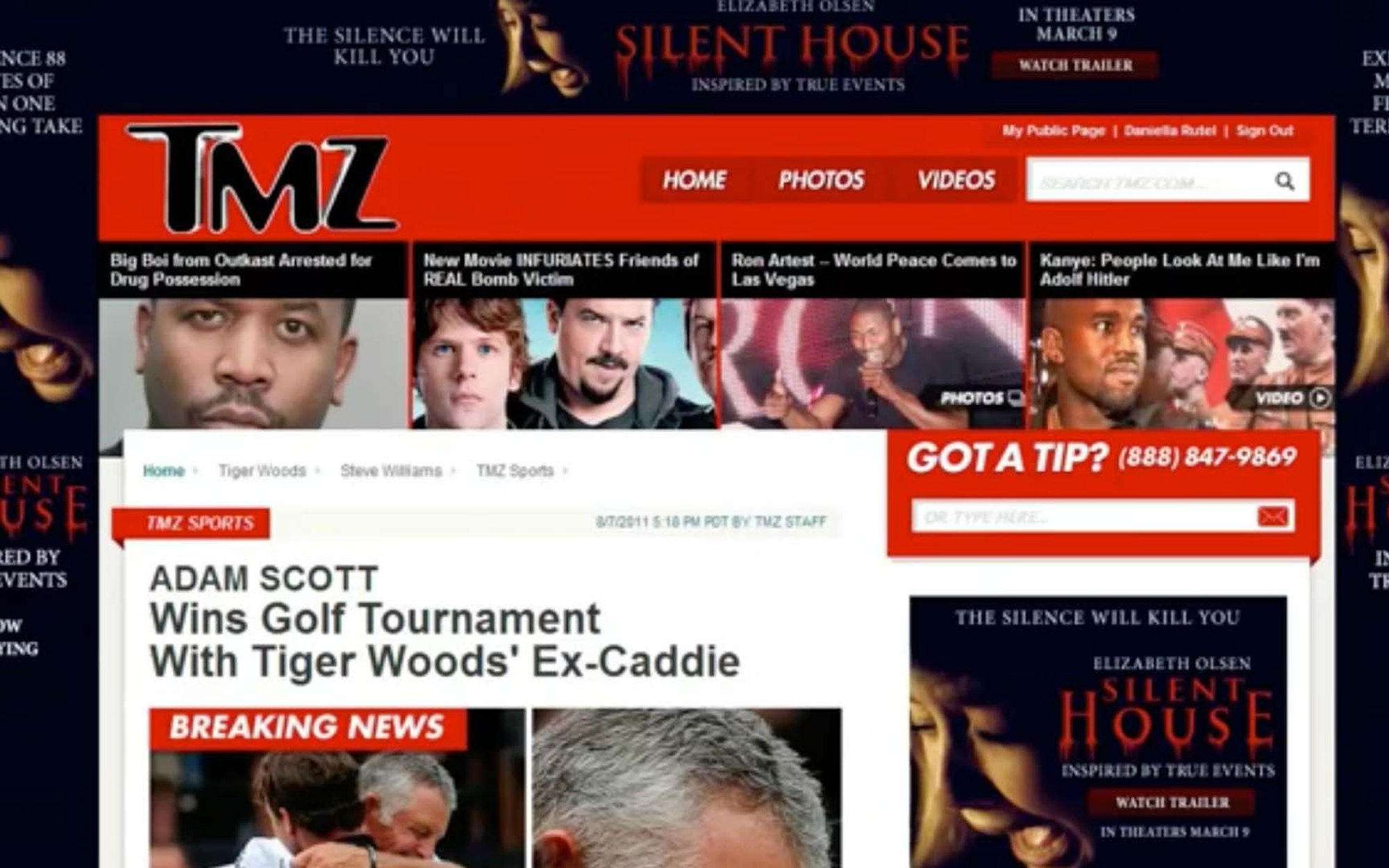 The TMZ homepage dressed for the film Silent House