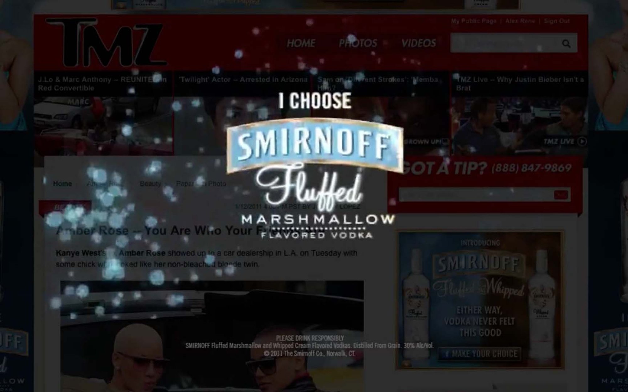 A dimmed TMZ homepage with Smirnoff Fluffed Marshmallow floating over it