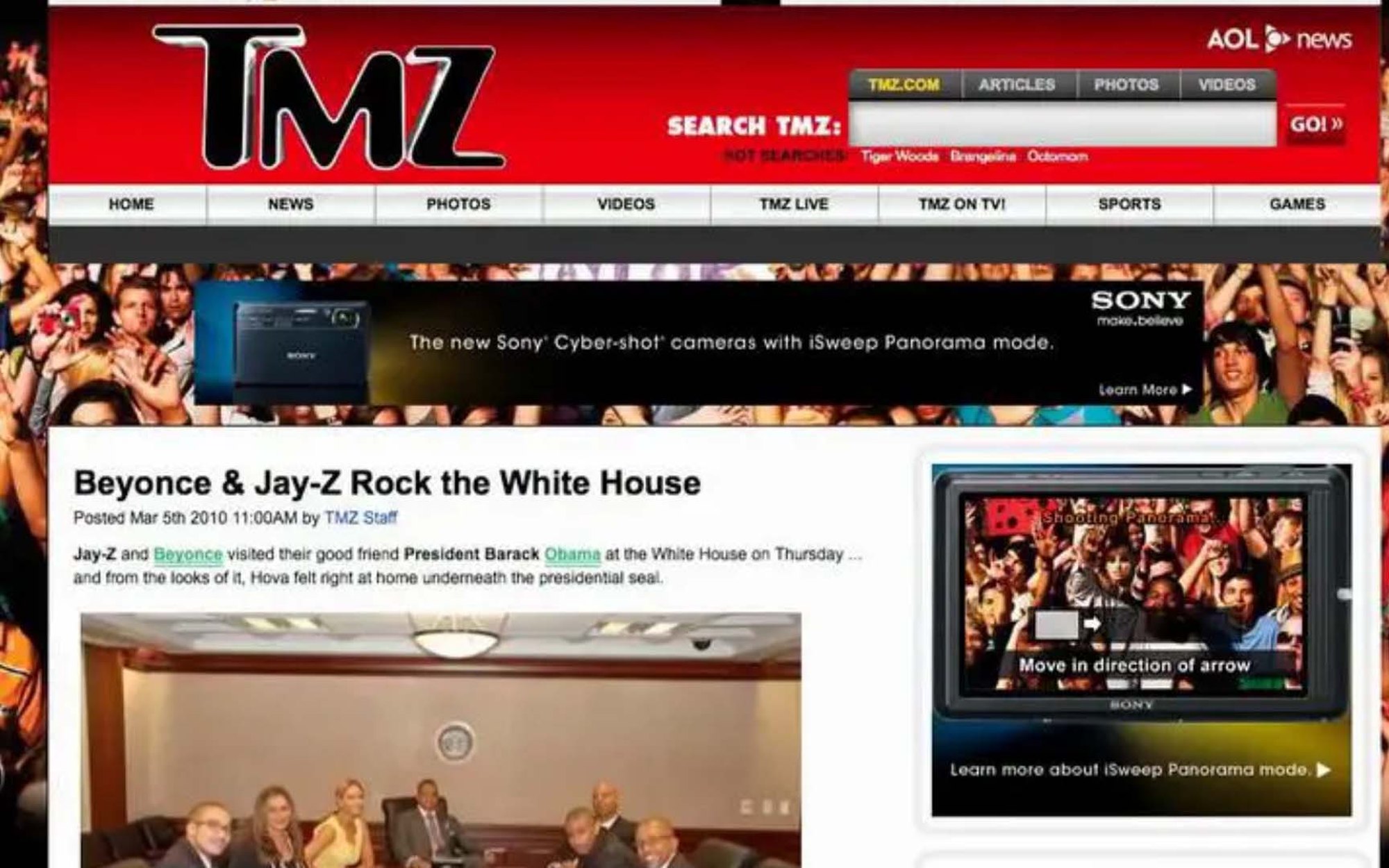 The TMZ homepage dressed with a concert crowd for Sony Cyber-shot