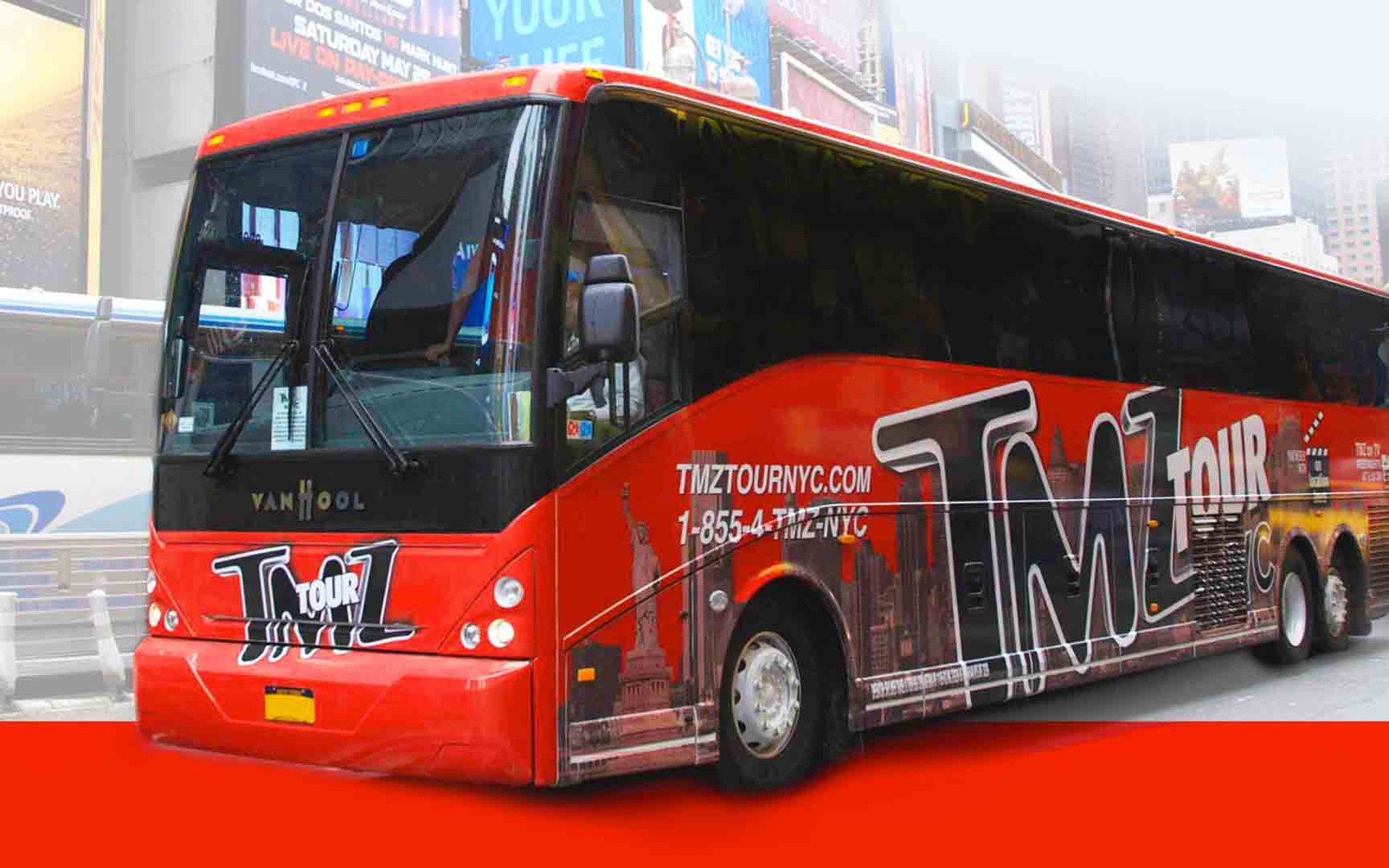 A full-size red TMZ Tour coach over a faded Times Square